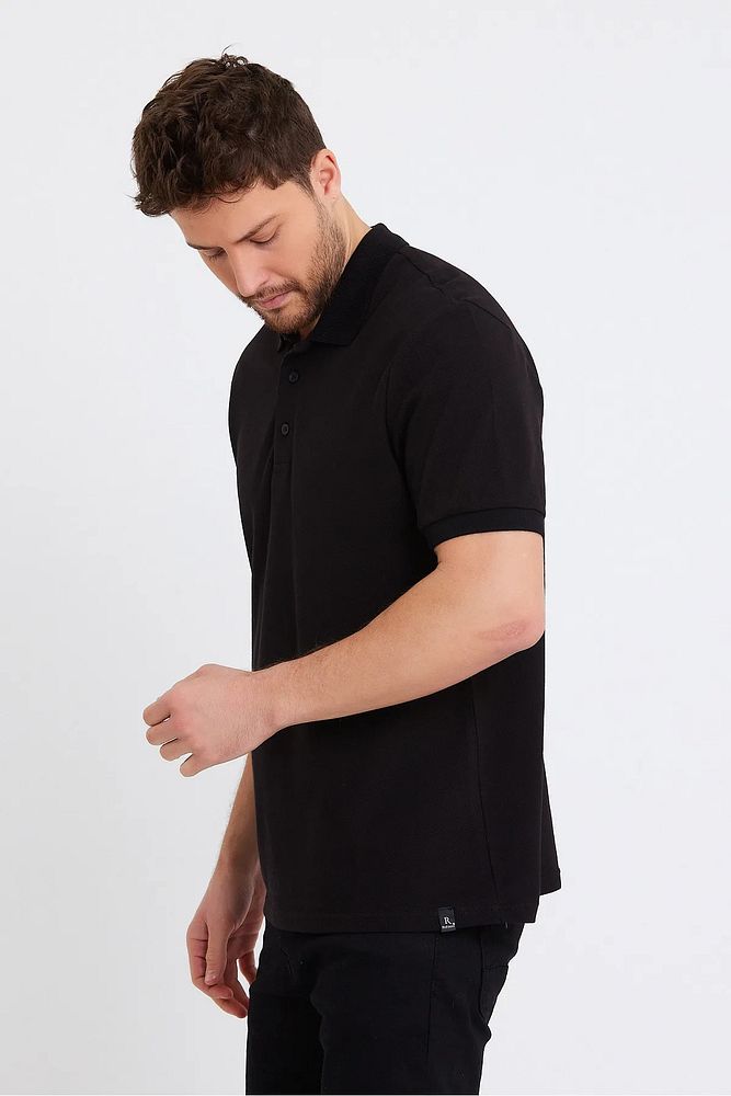 Erkek Siyah Basic Ribana Kol %100 Pamuk Polo Yaka T-shirt
