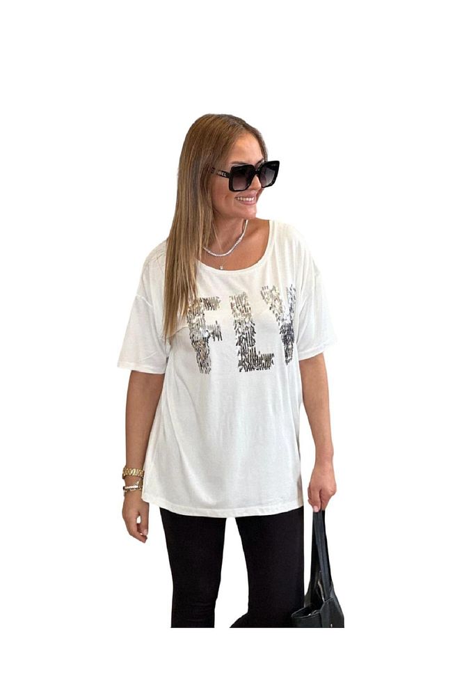 Kadın Bisiklet Yaka FLY Pul Baskılı Sırt Detaylı Uzun Büyük Beden Viskon T-Shirt