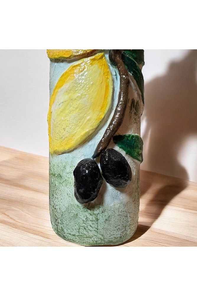 El yapımı Kabartma Kil Uygulamalı Zeytin ve Limon Desenli Cam Şişe Sirkelik-Yağdanlık, Mutfak dekor