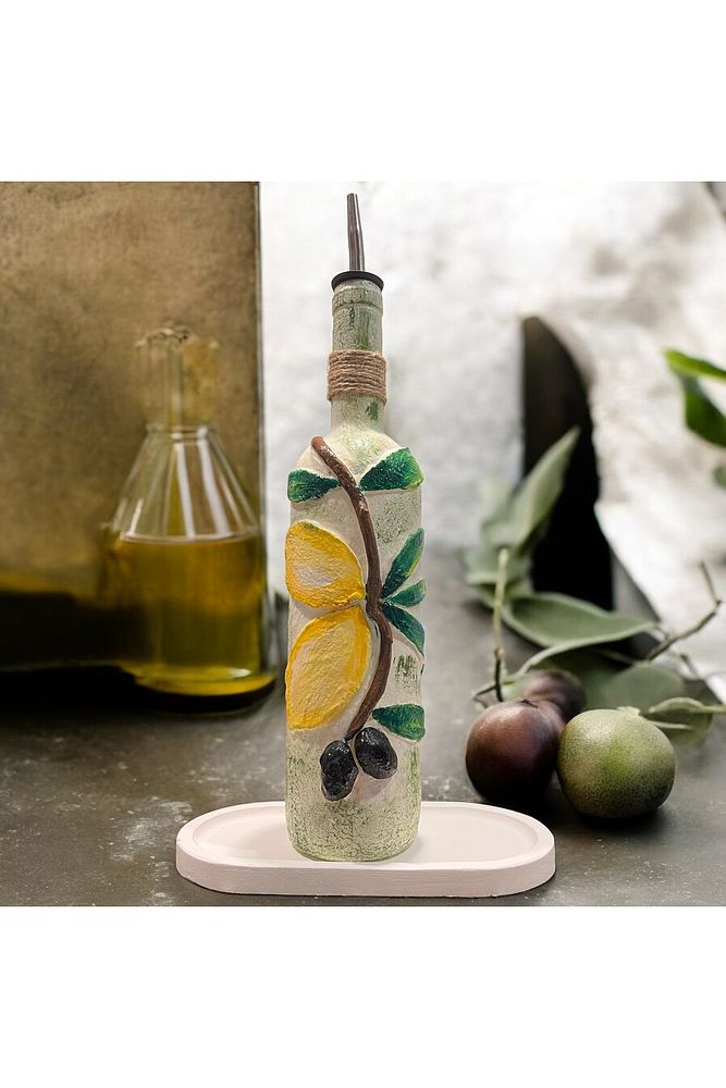 El yapımı Kabartma Kil Uygulamalı Zeytin ve Limon Desenli Cam Şişe Sirkelik-Yağdanlık, Mutfak dekor