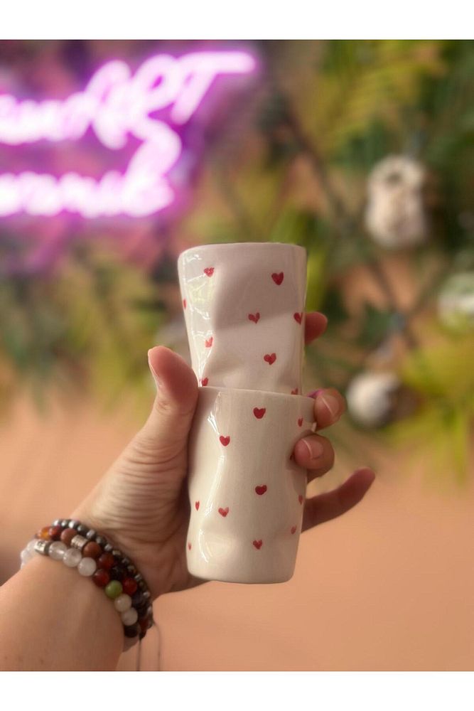 Kalpli Detay Seramik Buruşuk Bardak Kahve Fincanı 2li