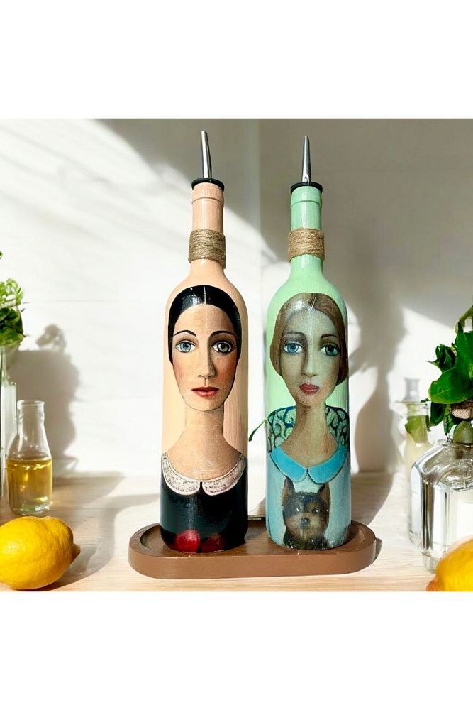Kadın Desenli 750 ml Zeytinyağı Sıvıyağ Şişesi Yağdanlık Yağlık Sirkelik Sosluk 2'li Set 56889110