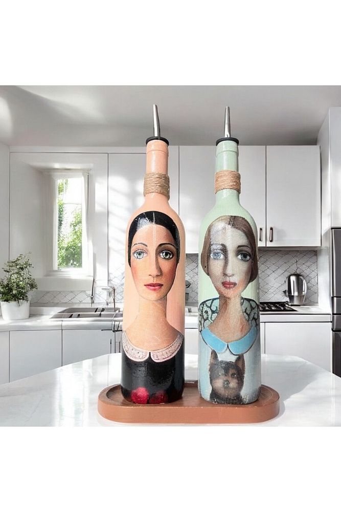Kadın Desenli 750 ml Zeytinyağı Sıvıyağ Şişesi Yağdanlık Yağlık Sirkelik Sosluk 2'li Set 56889110