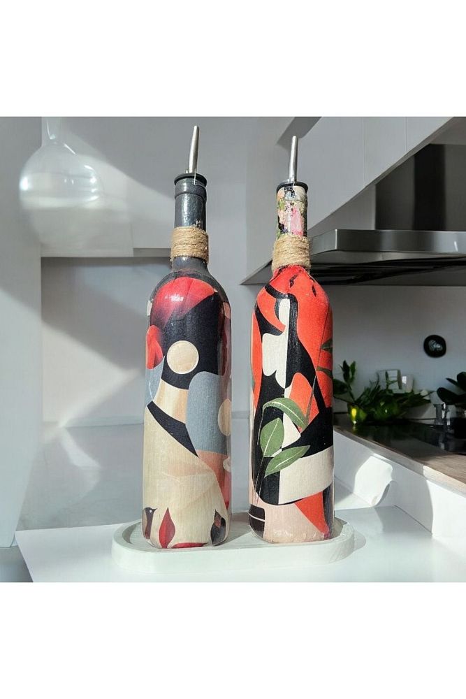 Yerli Kadın Desenli Yağdanlık Seti, Sosluk ve Sirkelik Seti, 750 ml Zeytinyağı Sıvıyağ Şişesi Set