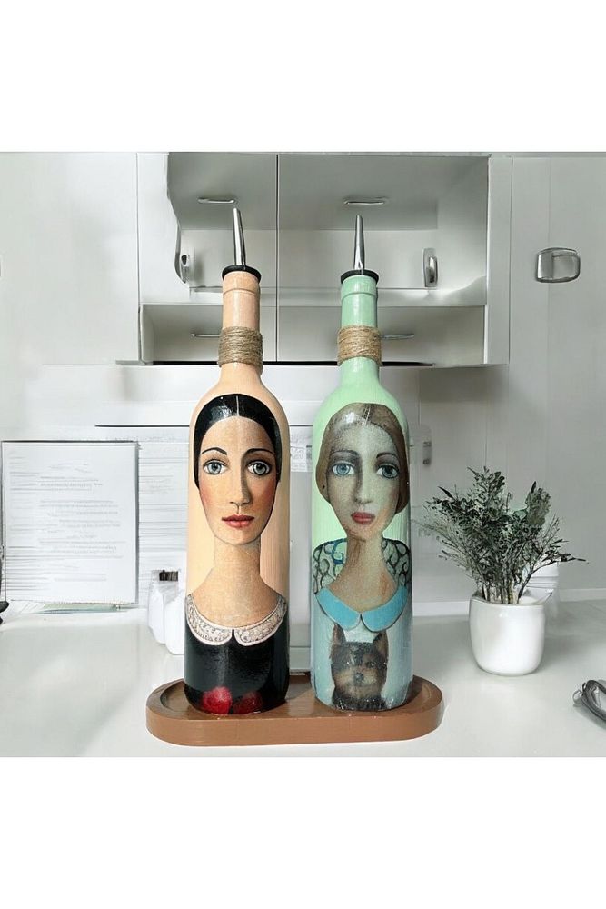 Kadın Desenli 750 ml Zeytinyağı Sıvıyağ Şişesi Yağdanlık Yağlık Sirkelik Sosluk 2'li Set 56889110