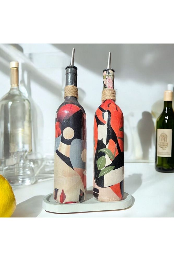 Yerli Kadın Desenli Yağdanlık Seti, Sosluk ve Sirkelik Seti, 750 ml Zeytinyağı Sıvıyağ Şişesi Set