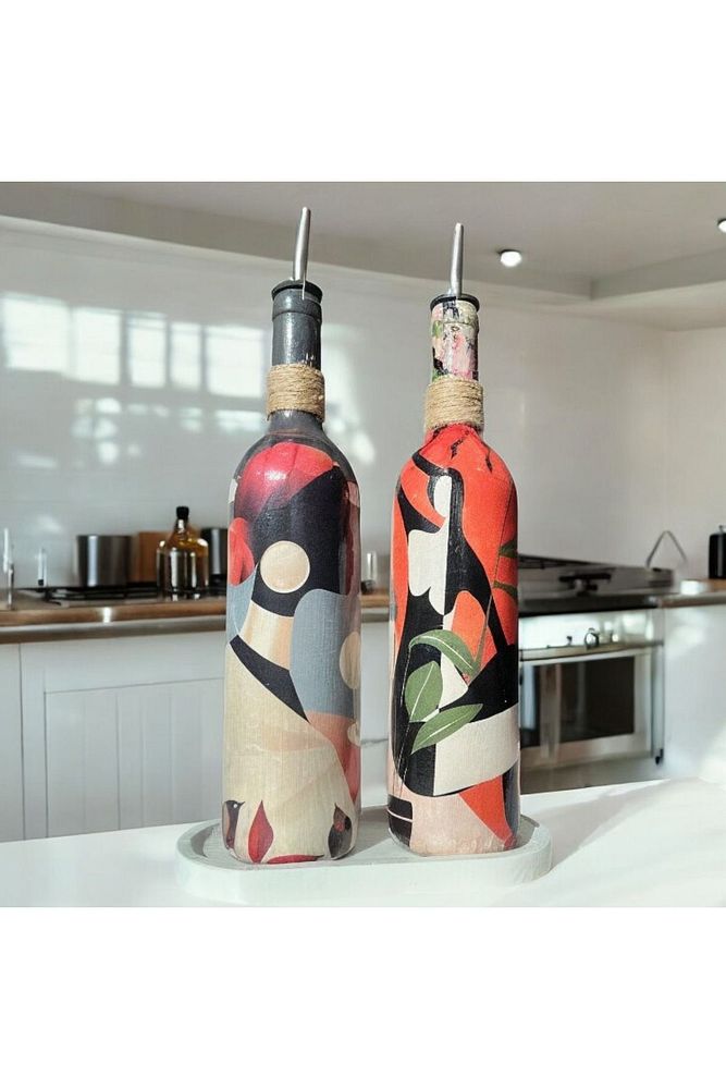 Yerli Kadın Desenli Yağdanlık Seti, Sosluk ve Sirkelik Seti, 750 ml Zeytinyağı Sıvıyağ Şişesi Set