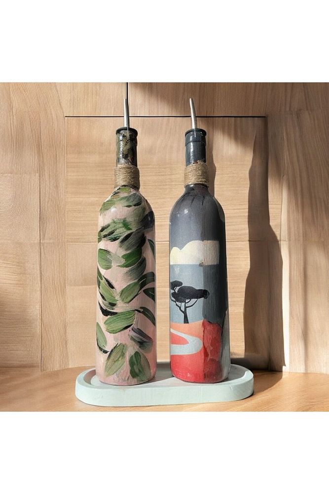 Yerli Kadın Desenli Yağdanlık Seti, Sosluk ve Sirkelik Seti, 750 ml Zeytinyağı Sıvıyağ Şişesi Set