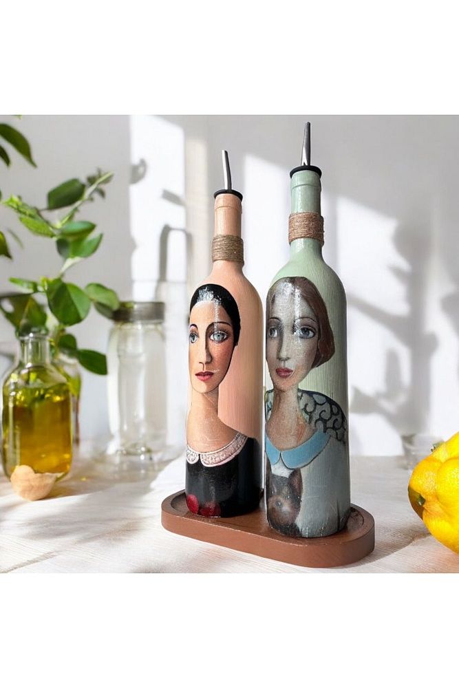 Kadın Desenli 750 ml Zeytinyağı Sıvıyağ Şişesi Yağdanlık Yağlık Sirkelik Sosluk 2'li Set 56889110
