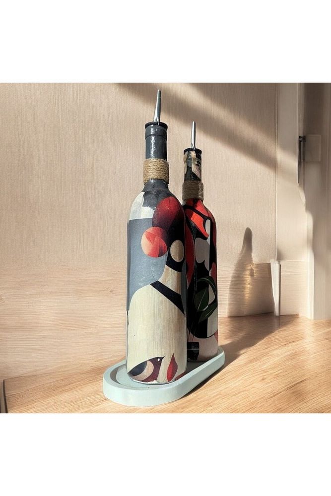 Yerli Kadın Desenli Yağdanlık Seti, Sosluk ve Sirkelik Seti, 750 ml Zeytinyağı Sıvıyağ Şişesi Set