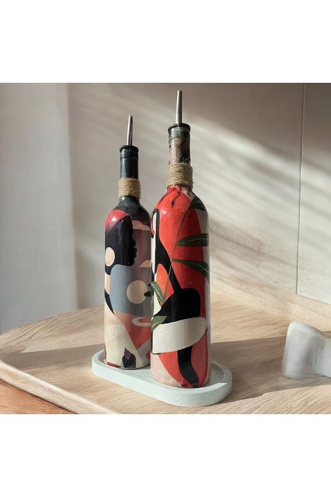 Yerli Kadın Desenli Yağdanlık Seti, Sosluk ve Sirkelik Seti, 750 ml Zeytinyağı Sıvıyağ Şişesi Set