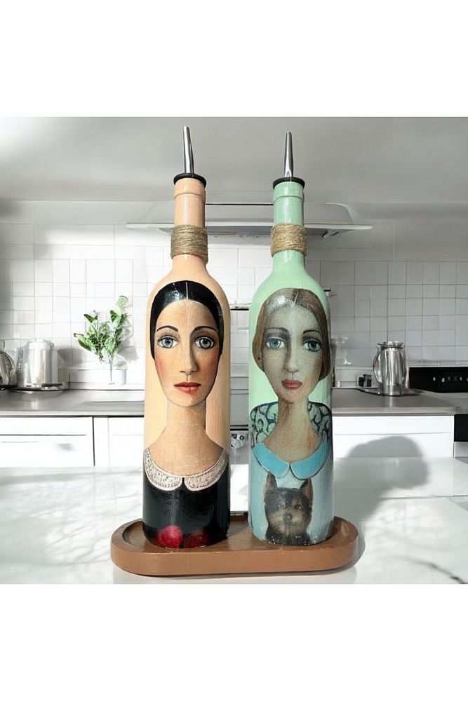 Kadın Desenli 750 ml Zeytinyağı Sıvıyağ Şişesi Yağdanlık Yağlık Sirkelik Sosluk 2'li Set 56889110