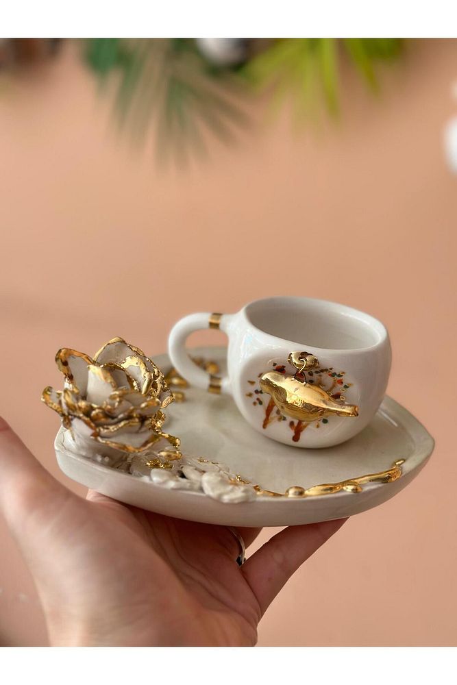 Gül Detay Sallanan Kuş El Yapımı Seramik Bardak Kupa Mug