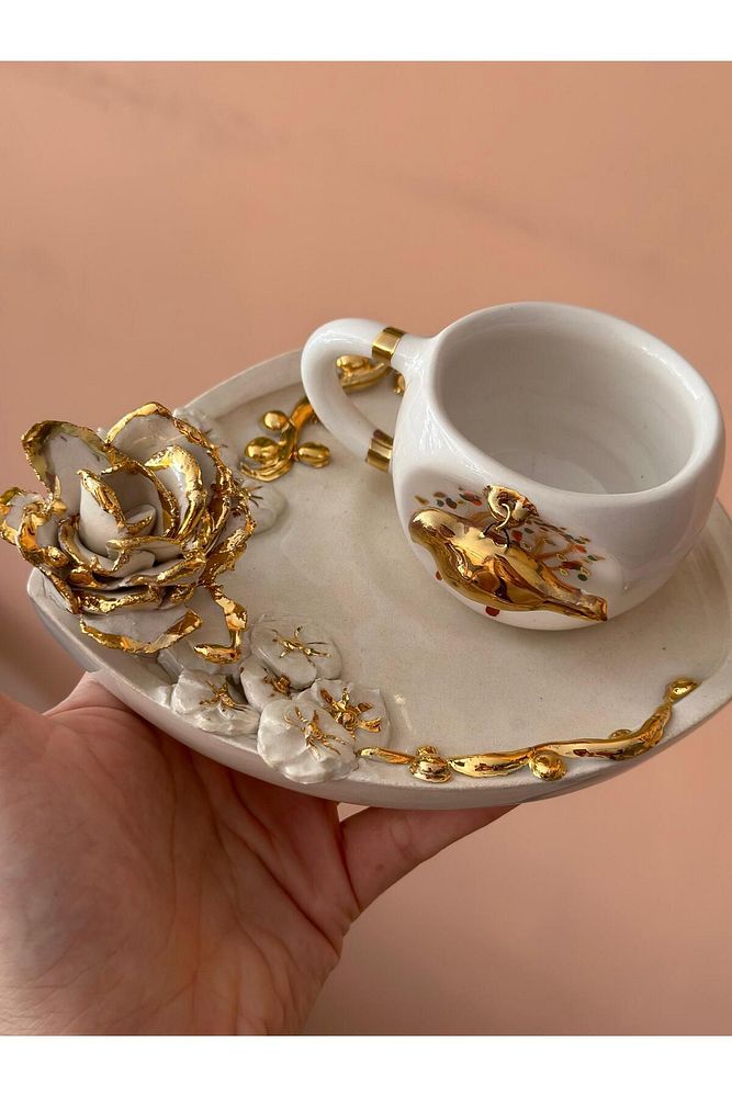 Gül Detay Sallanan Kuş El Yapımı Seramik Bardak Kupa Mug