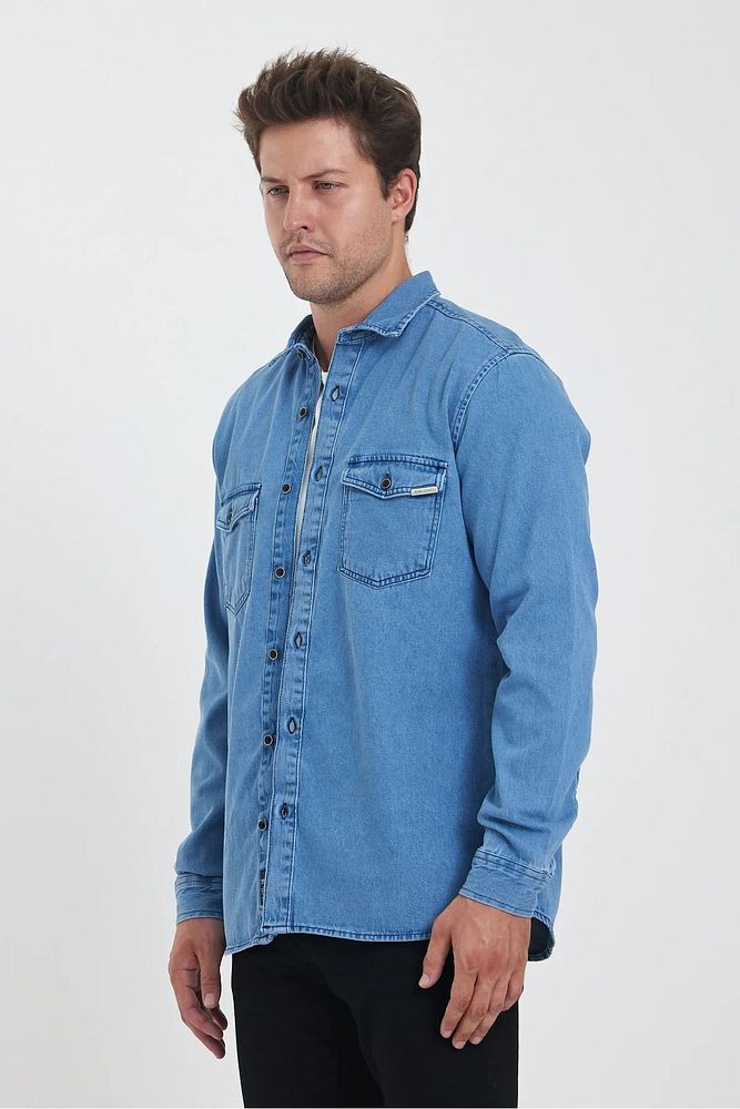 Rodi Jeans Erkek Kapaklı Çift Cepli Önü Düğmeli Slim Fit Kot Gömlek
