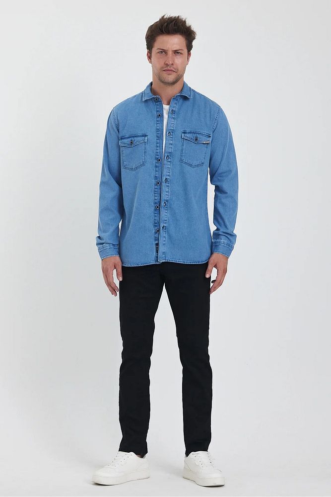 Rodi Jeans Erkek Kapaklı Çift Cepli Önü Düğmeli Slim Fit Kot Gömlek