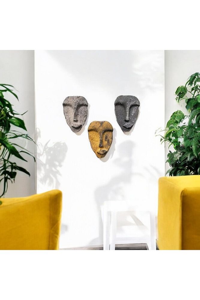 El Yapımı Taş Heykel Soyut Yüz Maske 3'li Set, Duvar Dekor, Modern Ev ve Ofis Dekoru