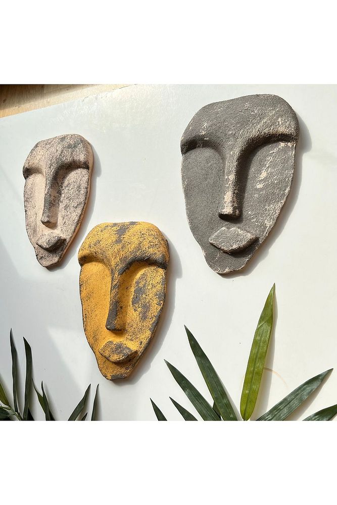 El Yapımı Taş Heykel Soyut Yüz Maske 3'li Set, Duvar Dekor, Modern Ev ve Ofis Dekoru