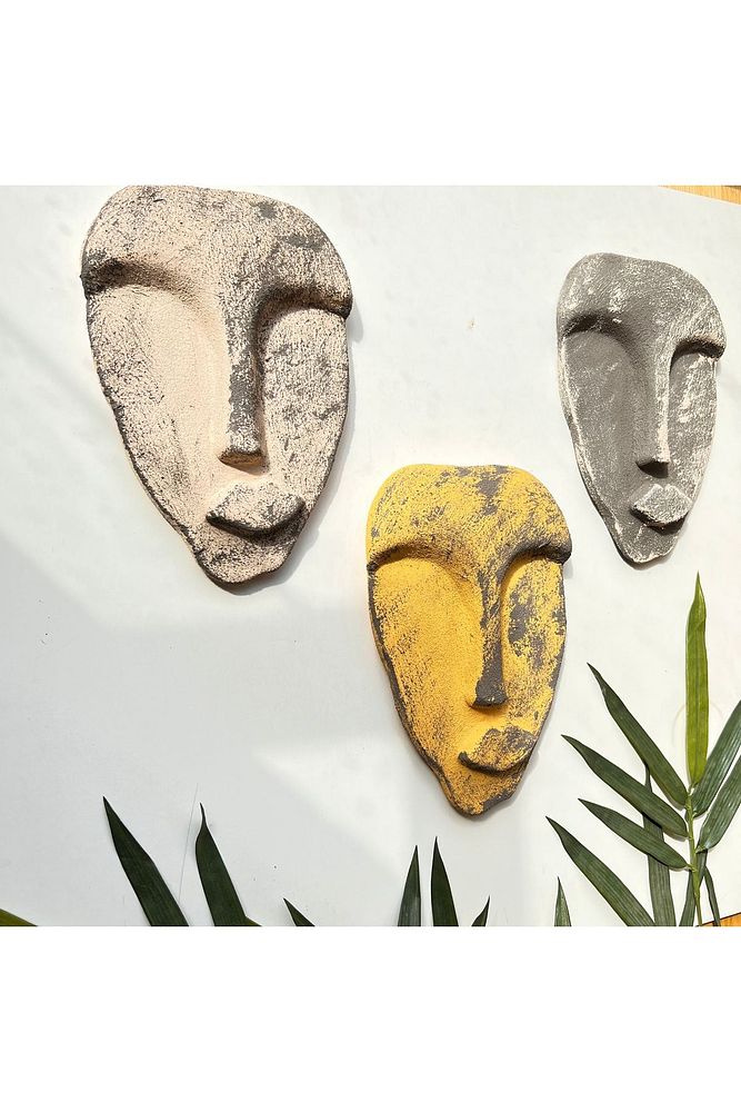 El Yapımı Taş Heykel Soyut Yüz Maske 3'li Set, Duvar Dekor, Modern Ev ve Ofis Dekoru