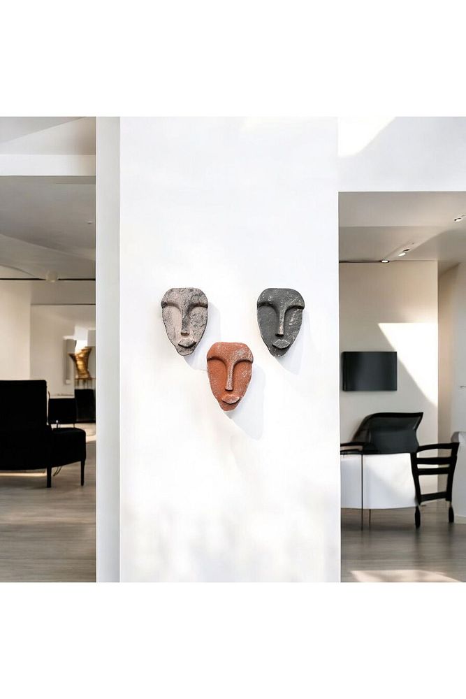 El Yapımı Taş Heykel Soyut Yüz Maske 3'li Set, Duvar Dekor, Modern Ev ve Ofis Dekoru