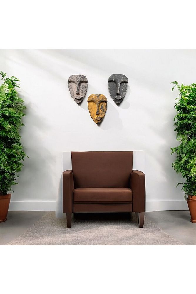 El Yapımı Taş Heykel Soyut Yüz Maske 3'li Set, Duvar Dekor, Modern Ev ve Ofis Dekoru