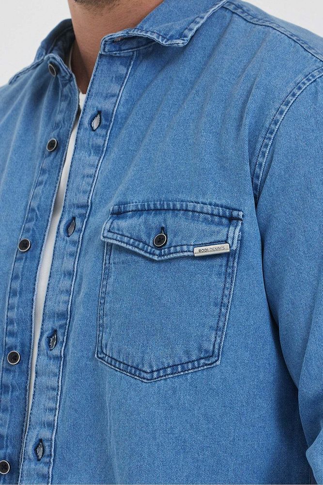 Rodi Jeans Erkek Kapaklı Çift Cepli Önü Düğmeli Slim Fit Kot Gömlek