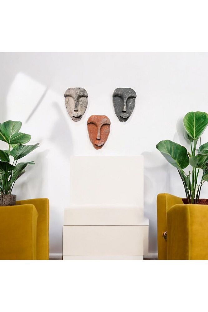 El Yapımı Taş Heykel Soyut Yüz Maske 3'li Set, Duvar Dekor, Modern Ev ve Ofis Dekoru