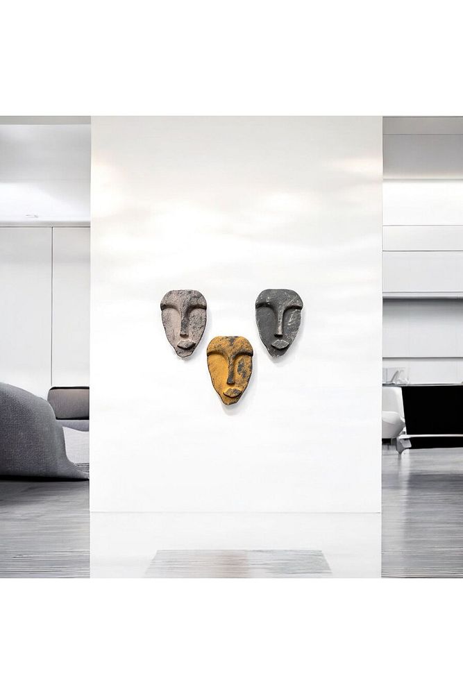 El Yapımı Taş Heykel Soyut Yüz Maske 3'li Set, Duvar Dekor, Modern Ev ve Ofis Dekoru