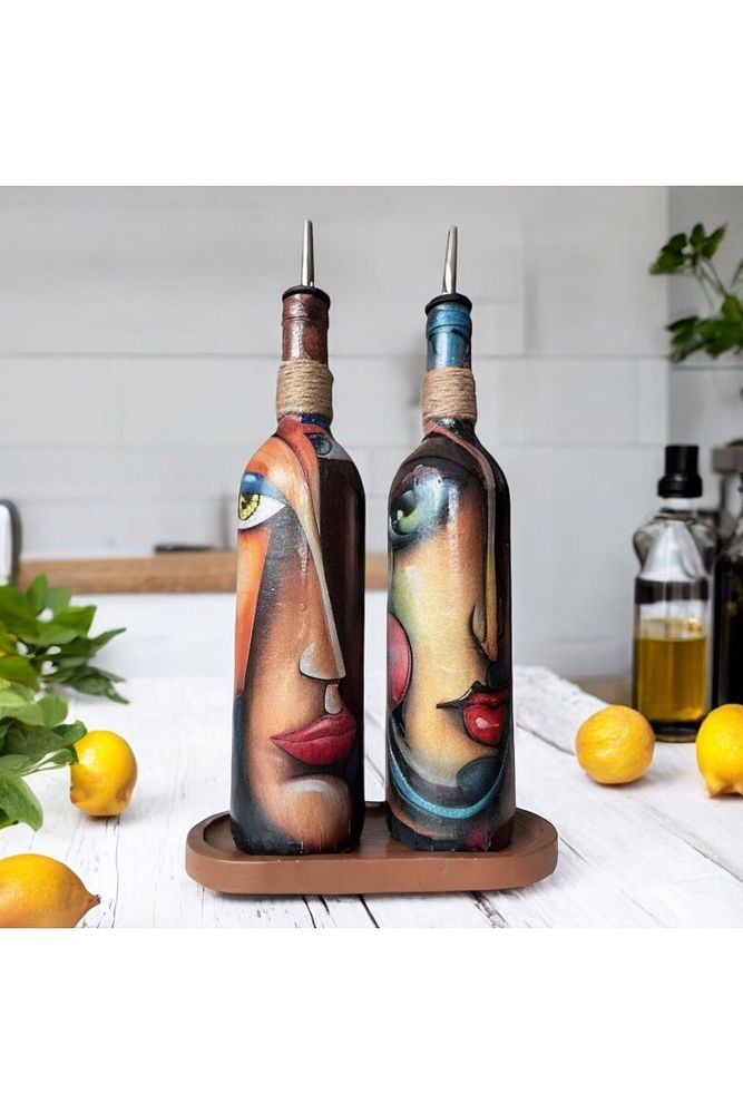 Özel Tasarım Renkli Yüz Desenli 750 ml Zeytinyağı Sıvıyağ Şişesi, Yağdanlık, Yağlık, Sosluk 2'li Set