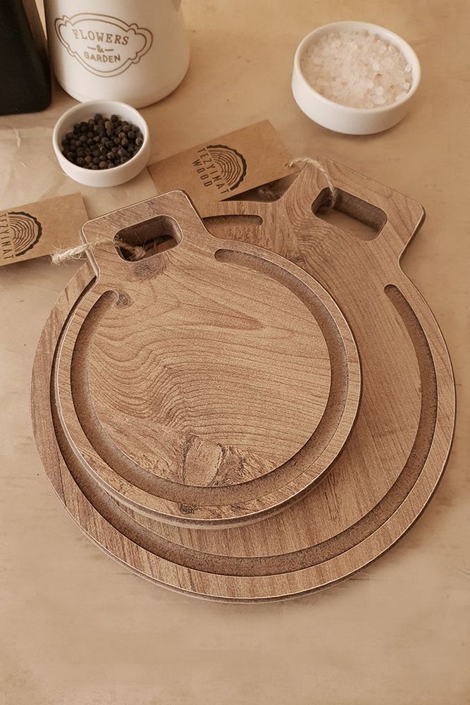 -Krater Serisi Sunum Ve Kesme Tahtası 2'li Set Ahşap Görünümlü 18 mm Mdf