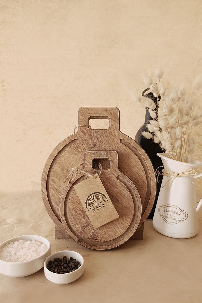 -Krater Serisi Sunum Ve Kesme Tahtası 2'li Set Ahşap Görünümlü 18 mm Mdf