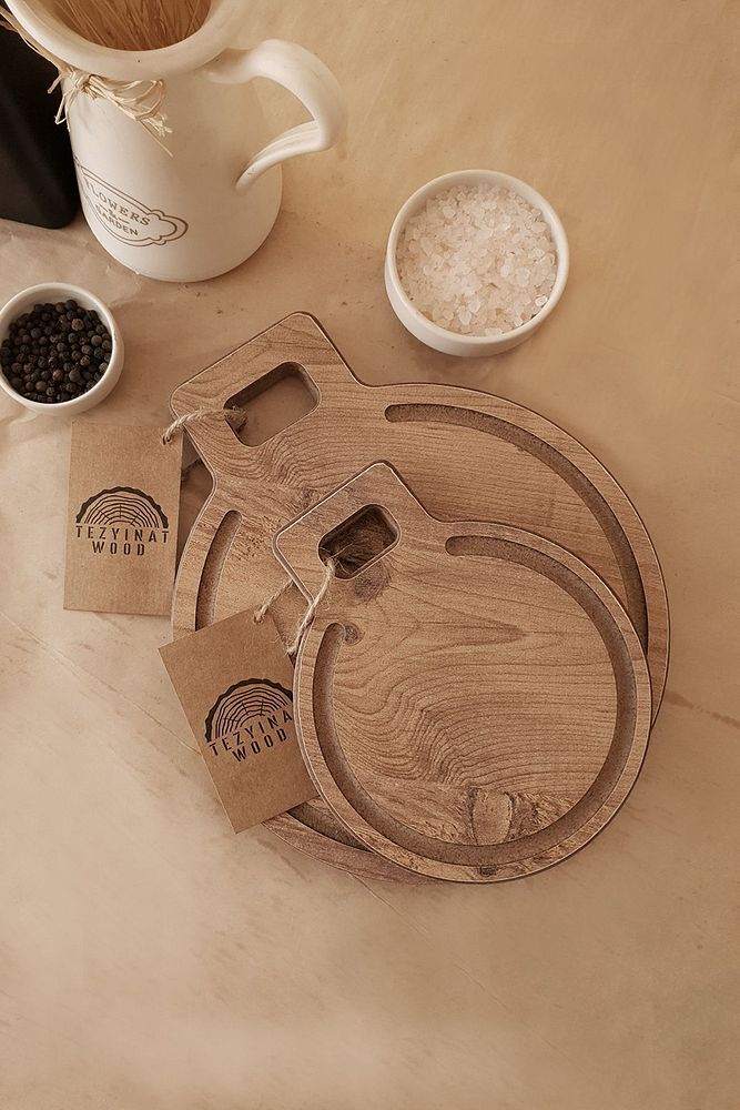 -Krater Serisi Sunum Ve Kesme Tahtası 2'li Set Ahşap Görünümlü 18 mm Mdf