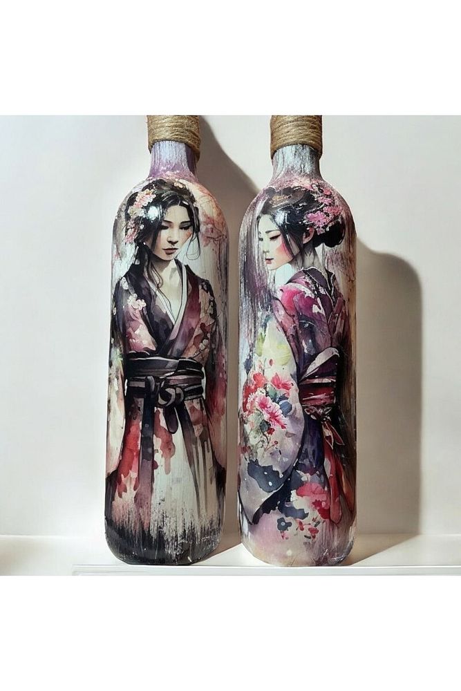 El yapımı Japon Kadın Desenli Renkli 750 ml Zeytinyağı Sıvıyağ Şişesi Yağdanlık Yağlık 2'li Set