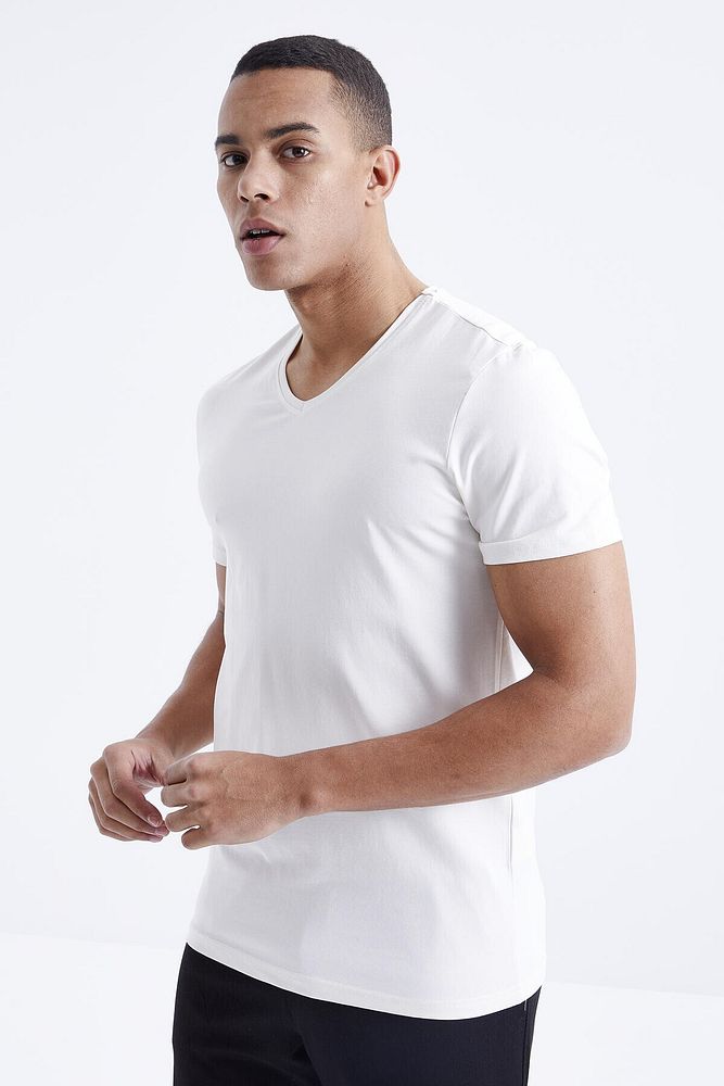 Tommy Life Ekru Basic Kısa Kol Standart Kalıp V Yaka Erkek T-shirt - 87912