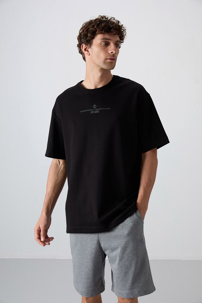 Tommy Life  Siyah - Antrasıt Pamuklu Kalın Yumuşak Dokulu Oversize Fit Baskılı Erkek T-shirt - 88321
