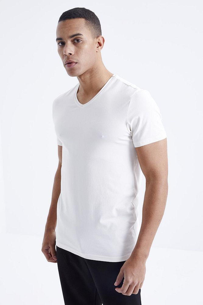 Tommy Life Ekru Basic Kısa Kol Standart Kalıp V Yaka Erkek T-shirt - 87912