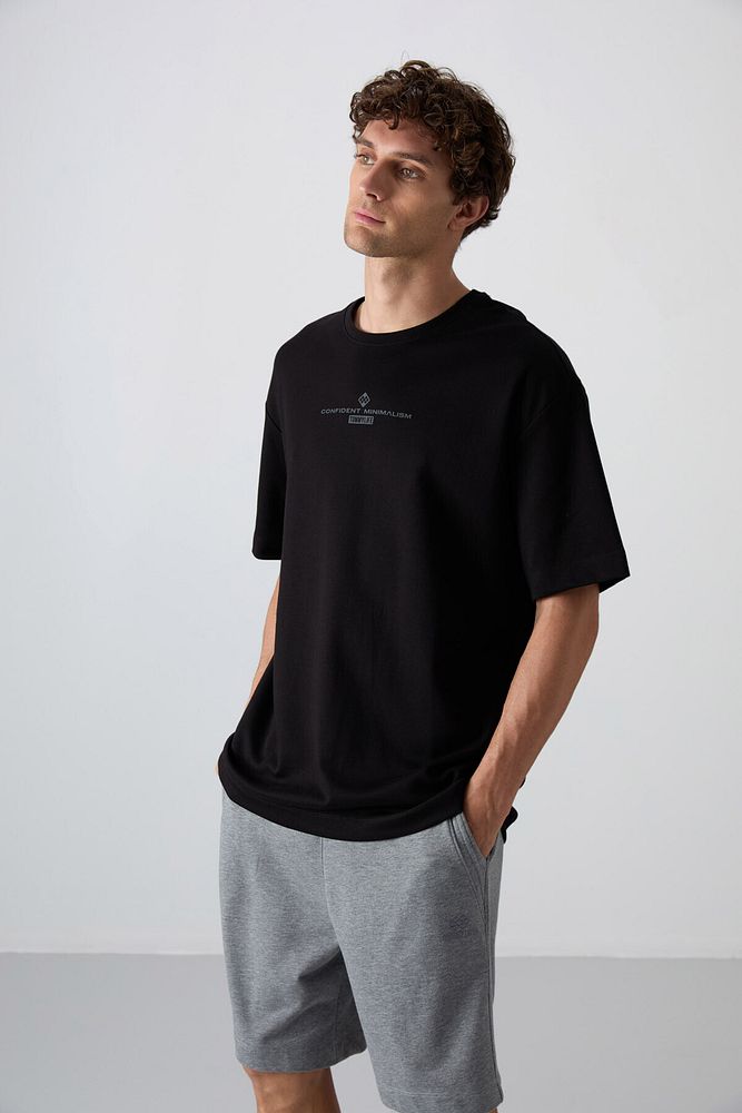Tommy Life  Siyah - Antrasıt Pamuklu Kalın Yumuşak Dokulu Oversize Fit Baskılı Erkek T-shirt - 88321
