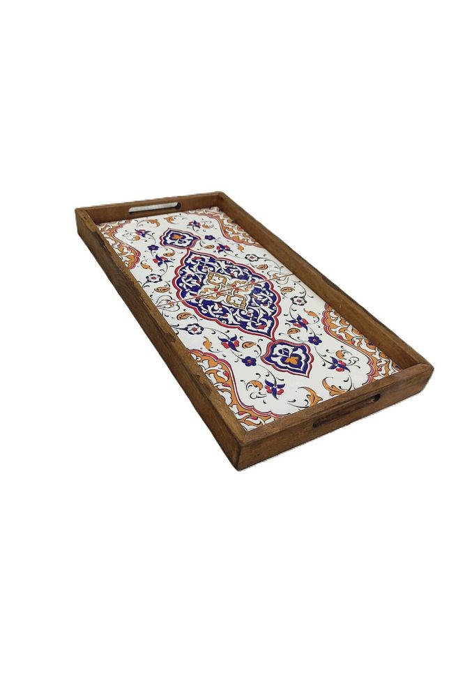 20 X 40 Cm Çini Mia-1020 Ahşap Fırınlanmış Kuru Kayın Çinili Sunum Tepsi