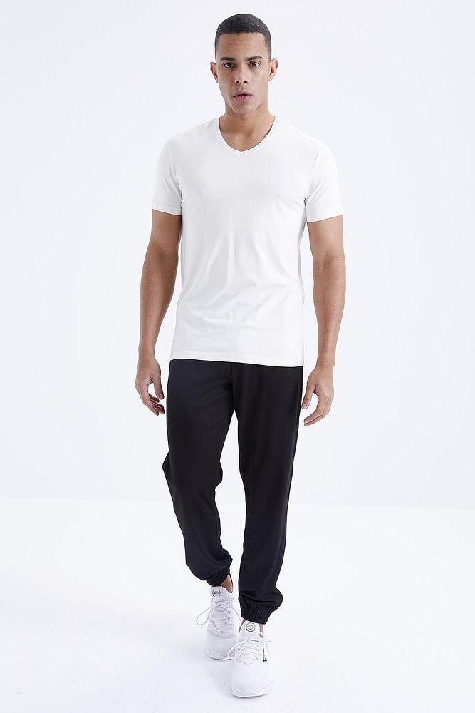 Tommy Life Ekru Basic Kısa Kol Standart Kalıp V Yaka Erkek T-shirt - 87912