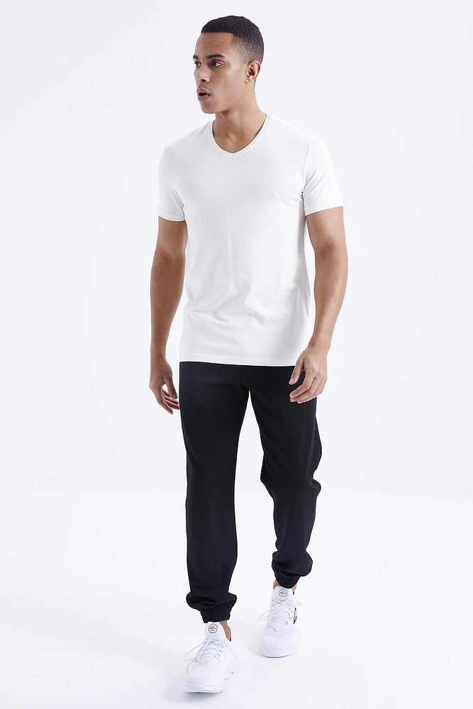 Tommy Life Ekru Basic Kısa Kol Standart Kalıp V Yaka Erkek T-shirt - 87912