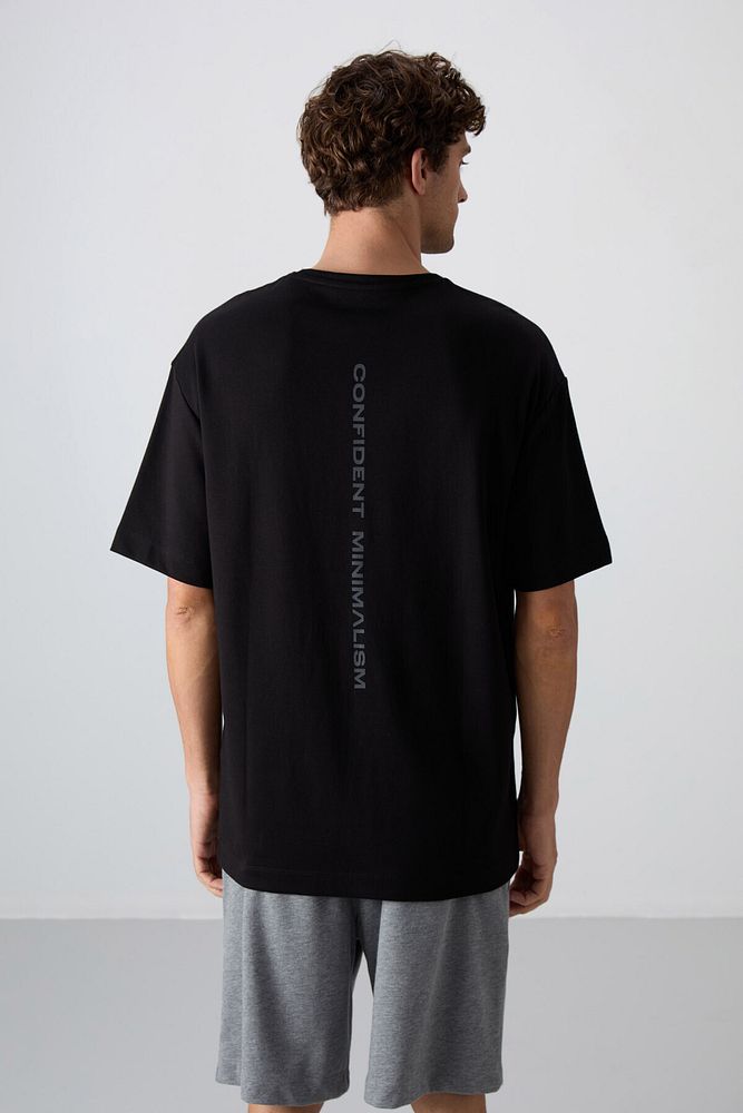 Tommy Life  Siyah - Antrasıt Pamuklu Kalın Yumuşak Dokulu Oversize Fit Baskılı Erkek T-shirt - 88321