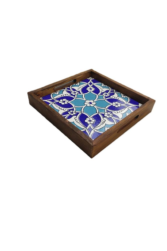 20 X 20 Cm Nihale Çini Mia-83t Ahşap Fırınlanmış Kuru Kayın Çinili Sunum Tepsisi