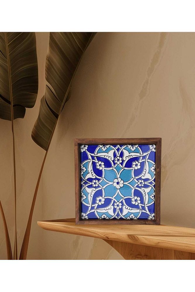 20 X 20 Cm Nihale Çini Mia-83t Ahşap Fırınlanmış Kuru Kayın Çinili Sunum Tepsisi