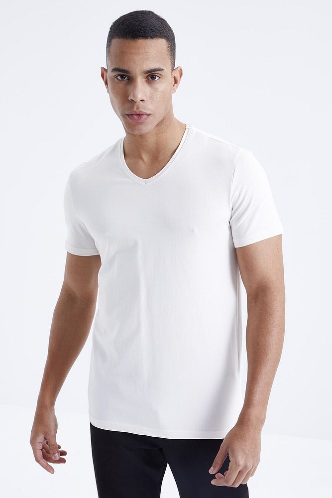 Tommy Life Ekru Basic Kısa Kol Standart Kalıp V Yaka Erkek T-shirt - 87912