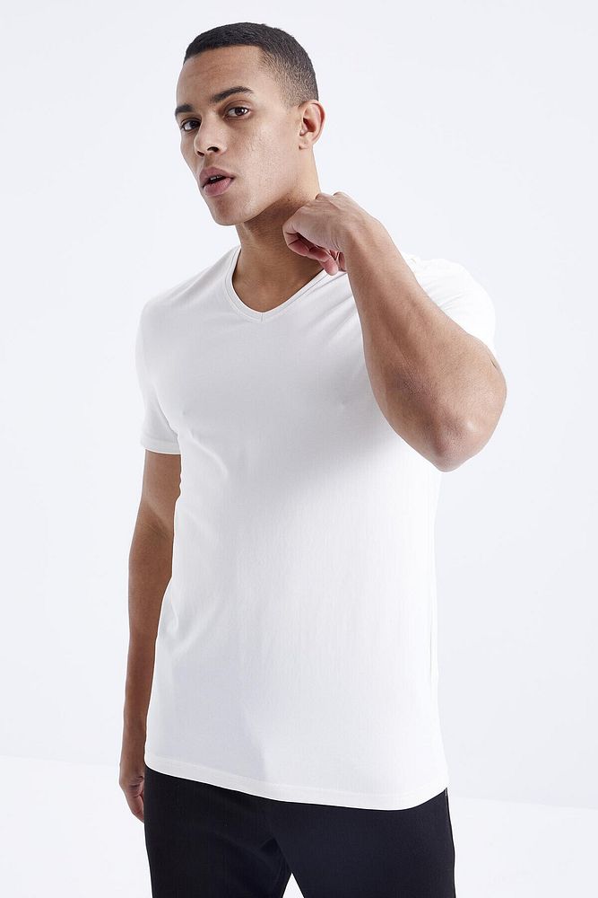 Tommy Life Ekru Basic Kısa Kol Standart Kalıp V Yaka Erkek T-shirt - 87912
