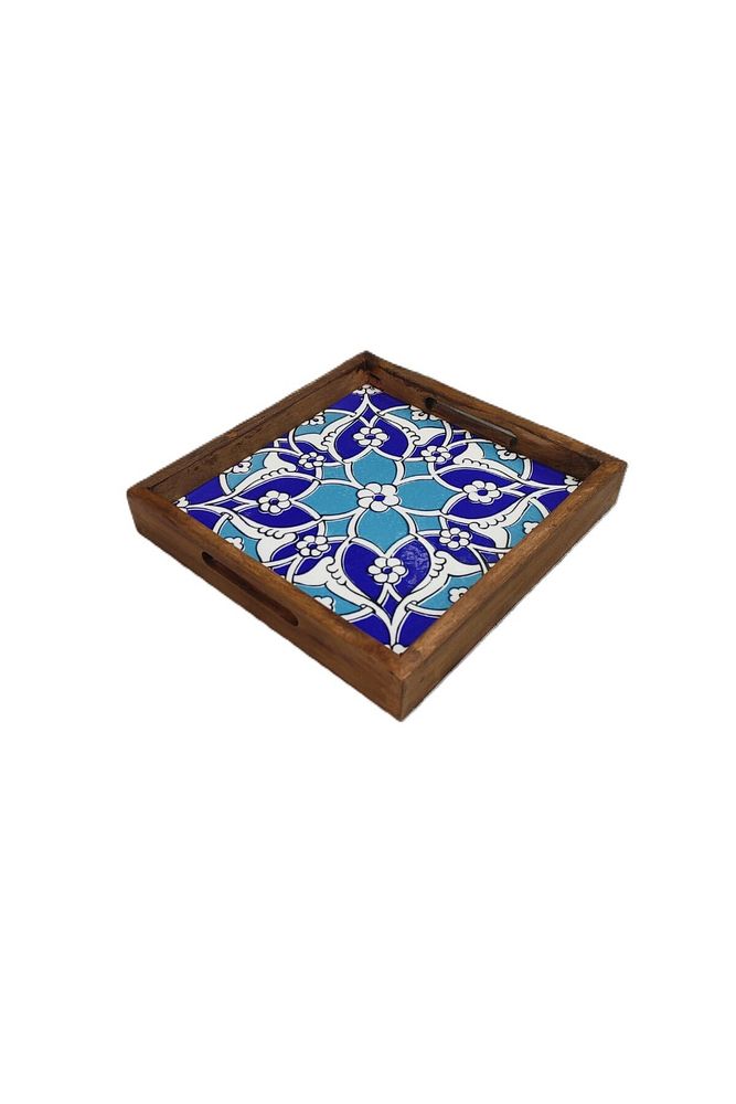 20 X 20 Cm Nihale Çini Mia-83t Ahşap Fırınlanmış Kuru Kayın Çinili Sunum Tepsisi