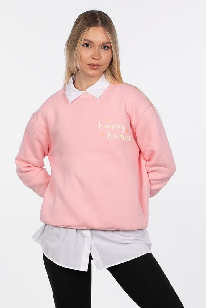 Barrels And Oil Kadın Bisiklet Yaka 3 İplik Şardonlu Happy Human Baskılı Sweatshirt