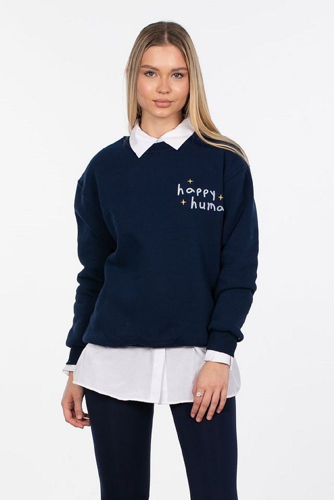 Barrels And Oil Kadın Bisiklet Yaka 3 İplik Şardonlu Happy Human Baskılı Sweatshirt