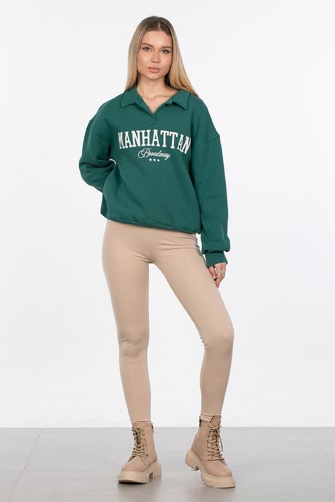 Kadın Polo Yaka 3 İplik Şardonlu Manhattan Yazı Baskılı Sweatshirt