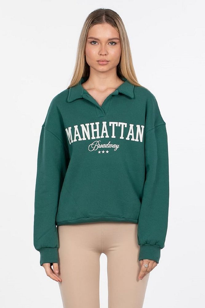 Kadın Polo Yaka 3 İplik Şardonlu Manhattan Yazı Baskılı Sweatshirt